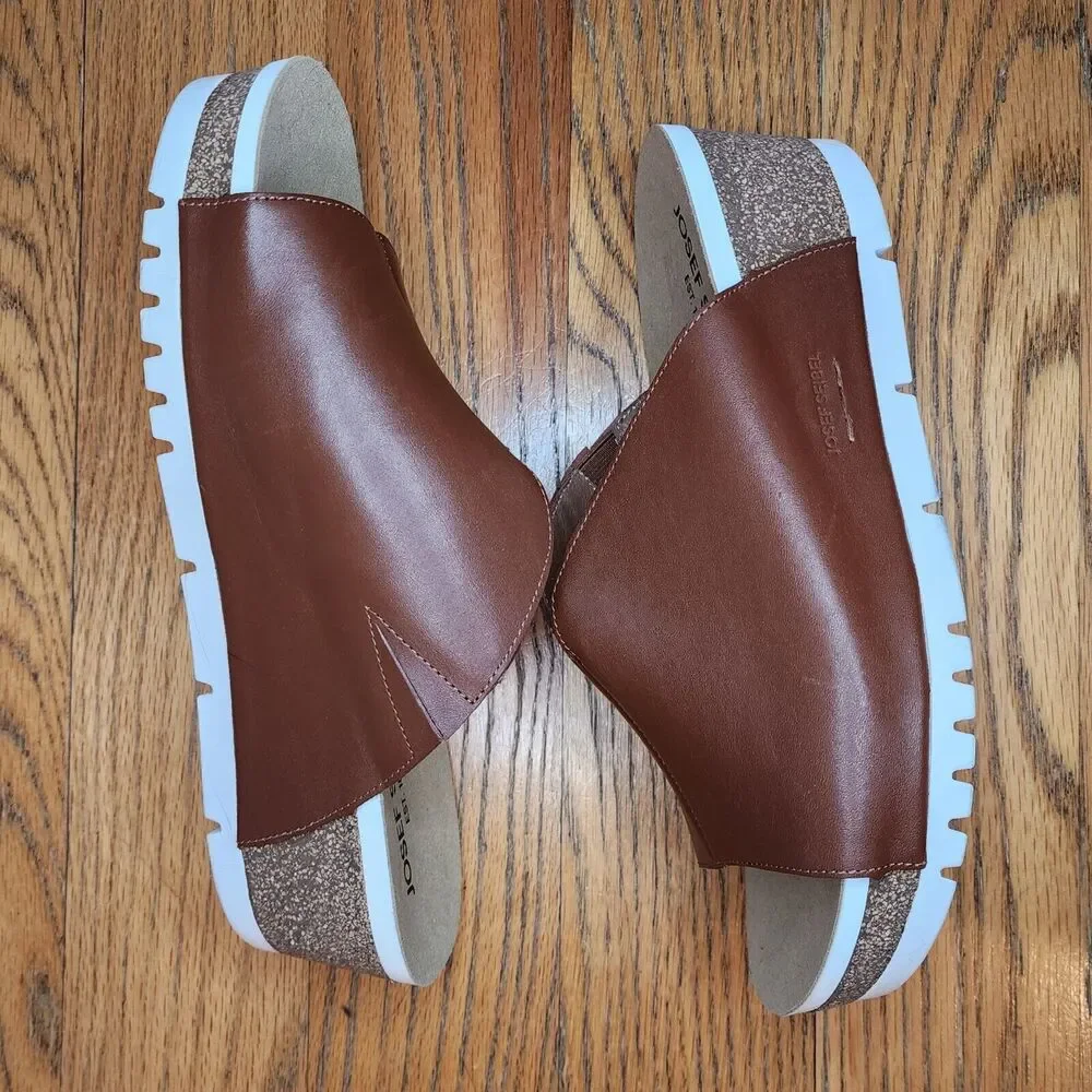 Josef Seibel Quinn Leather Slip On Comfort Wedge Sandal Brown EU 41 US 10 10.5